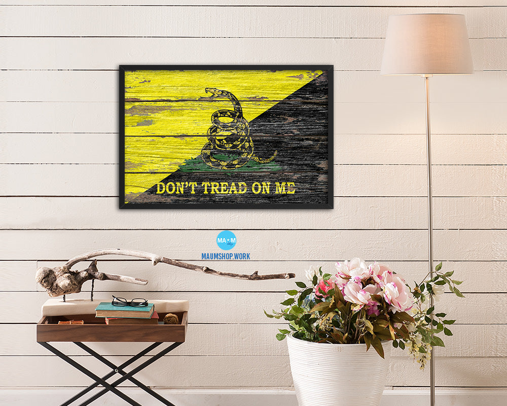 Don't Tread on Me Wood Rustic Flag Wood Framed Print Wall Art Decor Gifts