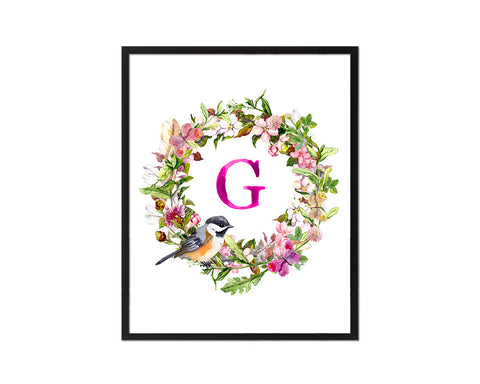 Letter G Floral Wreath Monogram Framed Print Wall Art Decor Gifts