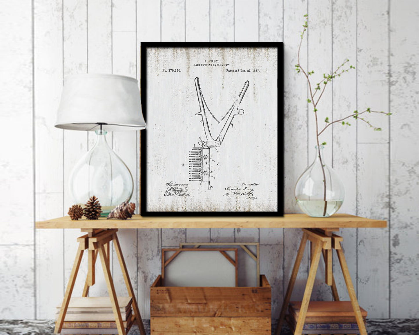 Haircut Comb Scissors Barbershop Vintage Patent Artwork Black Frame Print Wall Art Decor Gifts