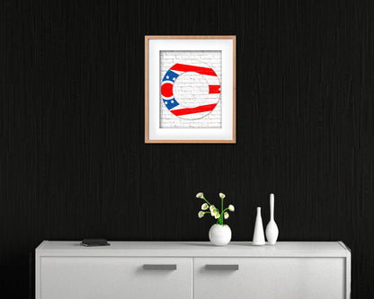Ohio State Initial Flag Wood Framed Paper Print Decor Wall Art Gifts, Brick