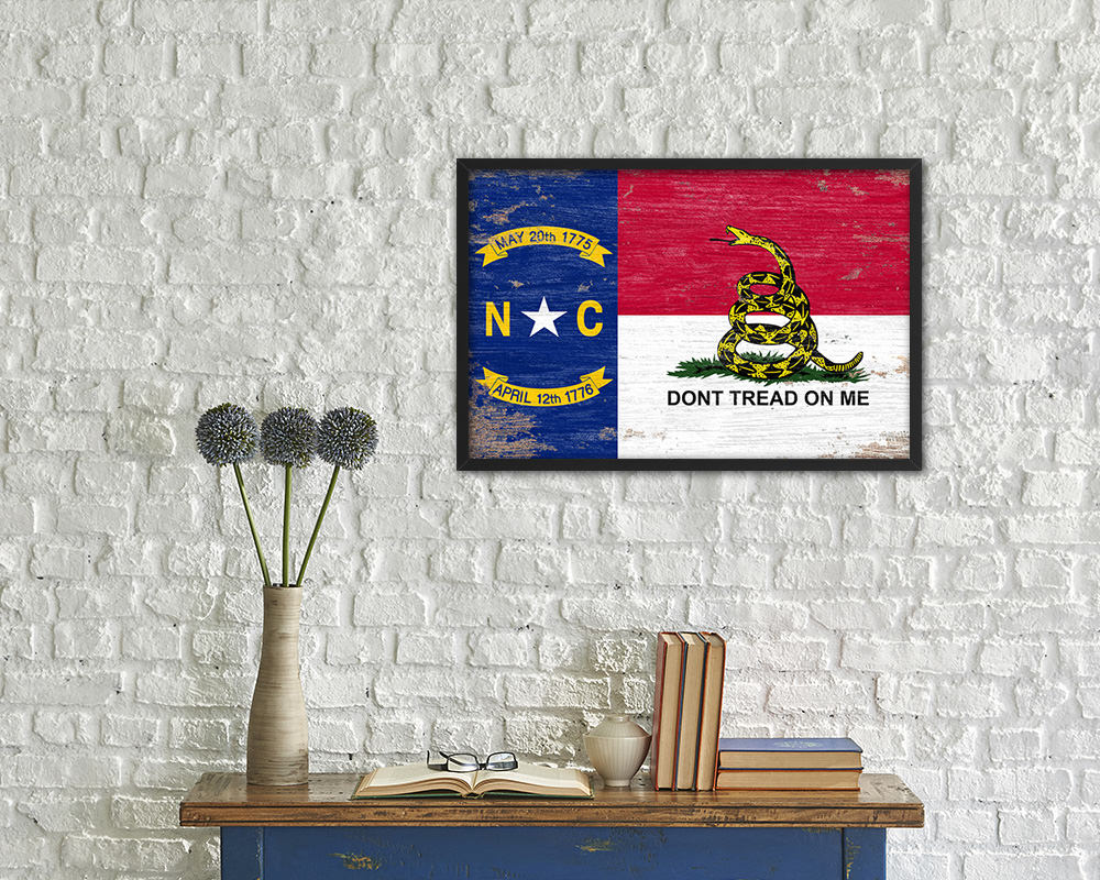 Gadsden Don't Tread On Me North Carolina State Shabby Chic Military Flag Framed Print Art