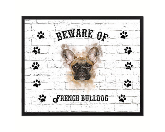 Beware of French Bulldog Sign Wood Framed Print Wall Art Decor Gifts