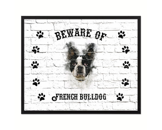 Beware of French Bulldog Sign Wood Framed Print Wall Art Decor Gifts