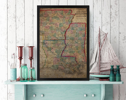 Arkansas Louisiana Mississippi Vintage Map Wood Framed Print Art Wall Decor Gifts