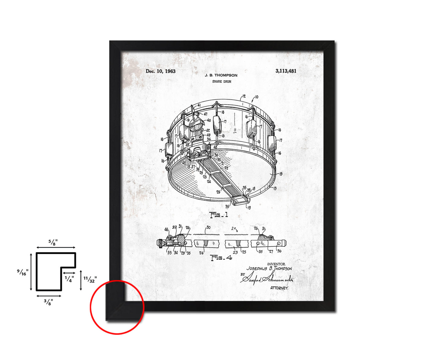 Snare Drum Music Vintage Patent Artwork Black Frame Print Wall Art Decor Gifts