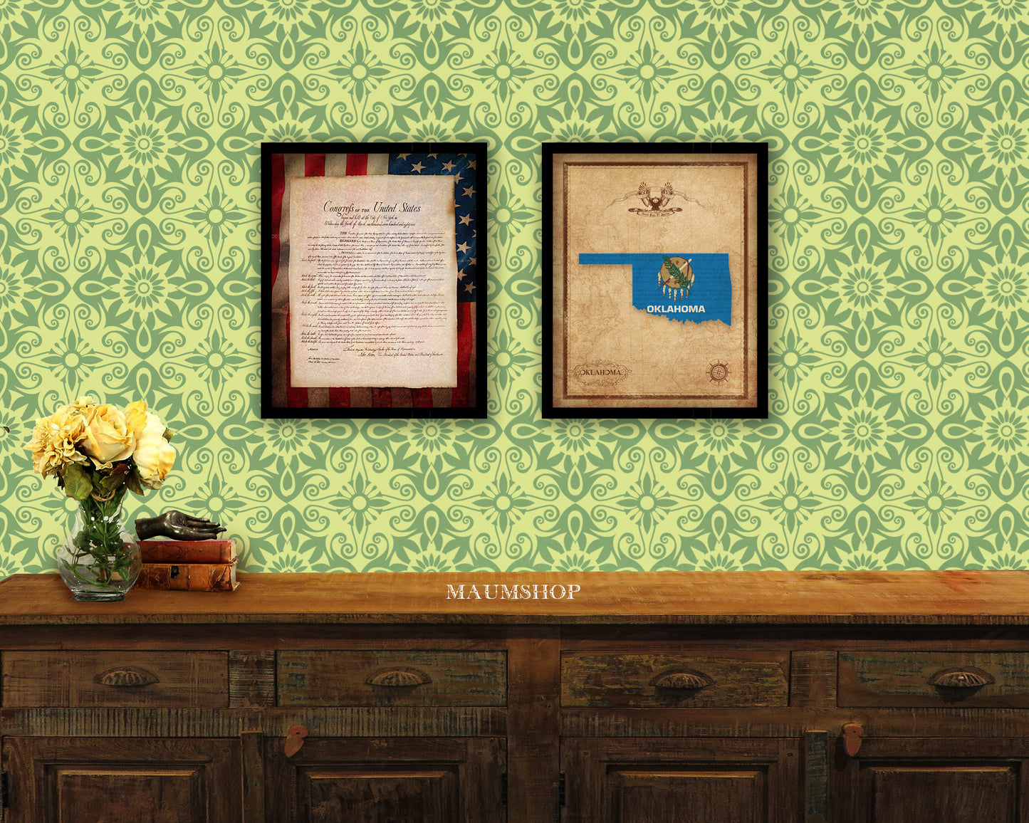 Oklahoma State Vintage Map Wood Framed Paper Print  Wall Art Decor Gifts