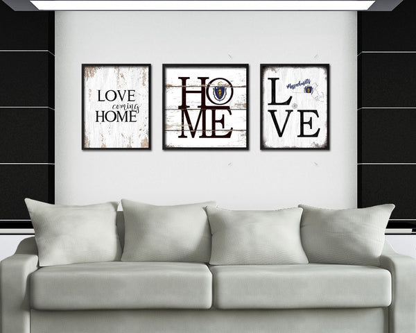 Massachusetts Shabby Chic Love Sign Wood Framed Paper Print Decor Wall Art Gifts