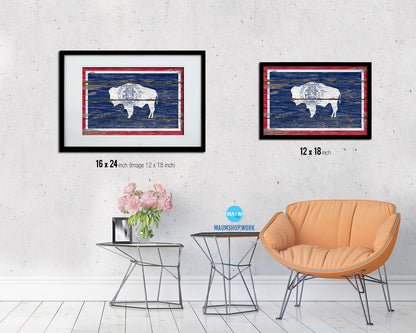 Wyoming State Rustic Flag Wood Framed Paper Prints Wall Art Decor Gifts
