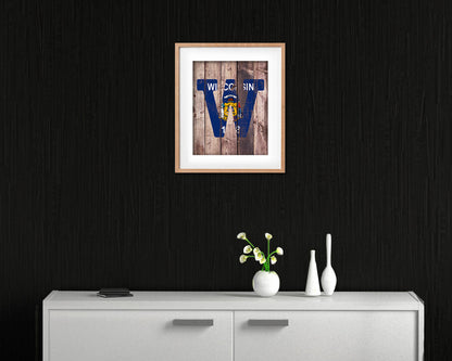 Wisconsin State Initial Flag Wood Framed Paper Print Decor Wall Art Gifts, Wood