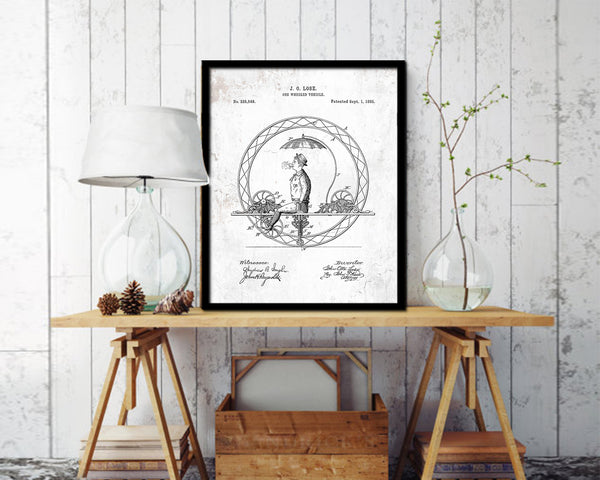 One Wheeled Vehicle Bicycle Vintage Patent Artwork Black Frame Print Wall Art Decor Gifts