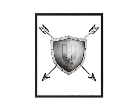 Letter U Medieval Castle Knight Shield Sword Monogram Framed Print Wall Art Decor Gifts