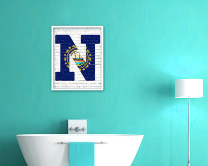 New Hampshire State Initial Flag Wood Framed Paper Print Decor Wall Art Gifts, Brick