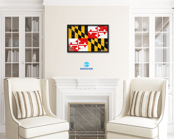 Maryland State Shabby Chic Flag Wood Framed Paper Print  Wall Art Decor Gifts