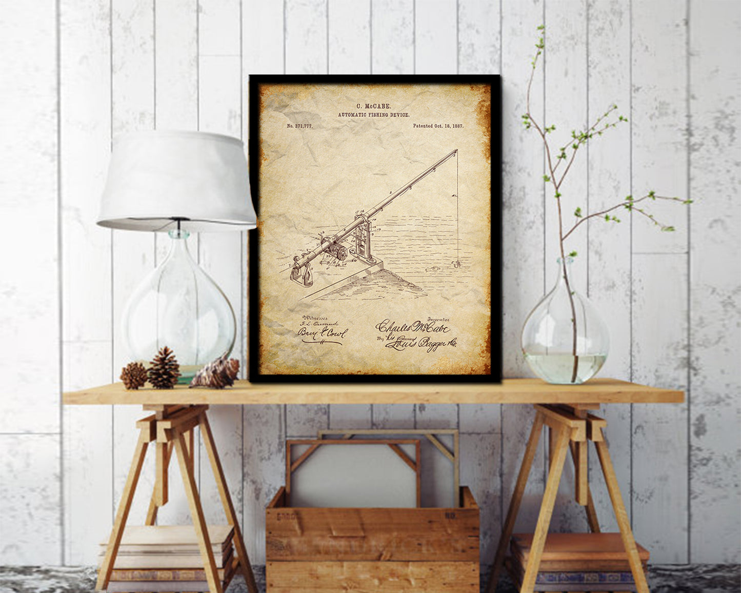 Automatic Fishing Device Fishing Vintage Patent Artwork Walnut Frame Gifts