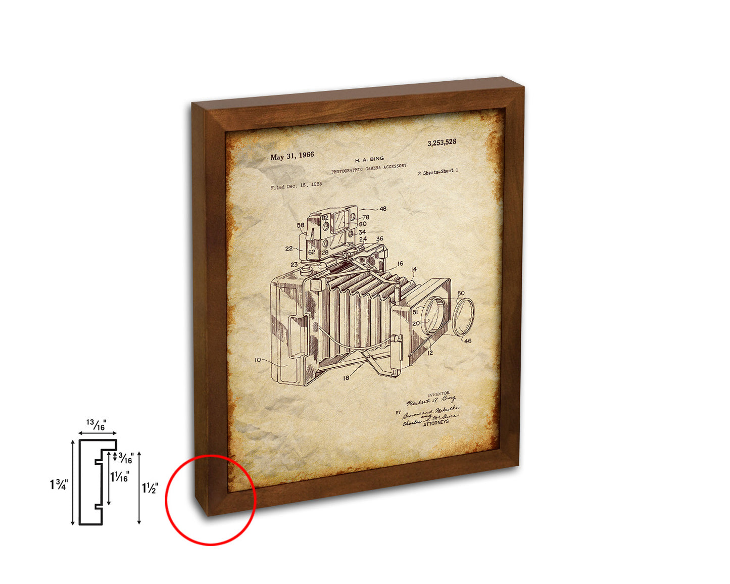 Bing Photographic Accessory Camera Vintage Patent Artwork Walnut Frame Gifts