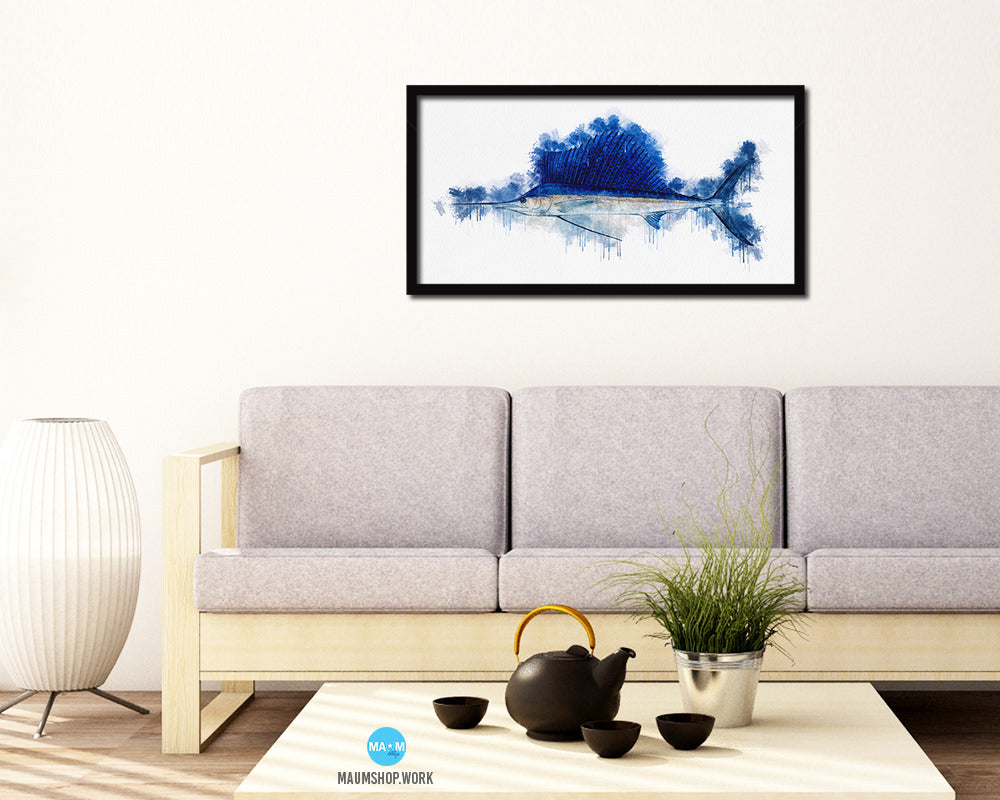 Sailfish Fish Art Wood Frame Modern Restaurant Sushi Wall Decor Gifts, 10" x 20"