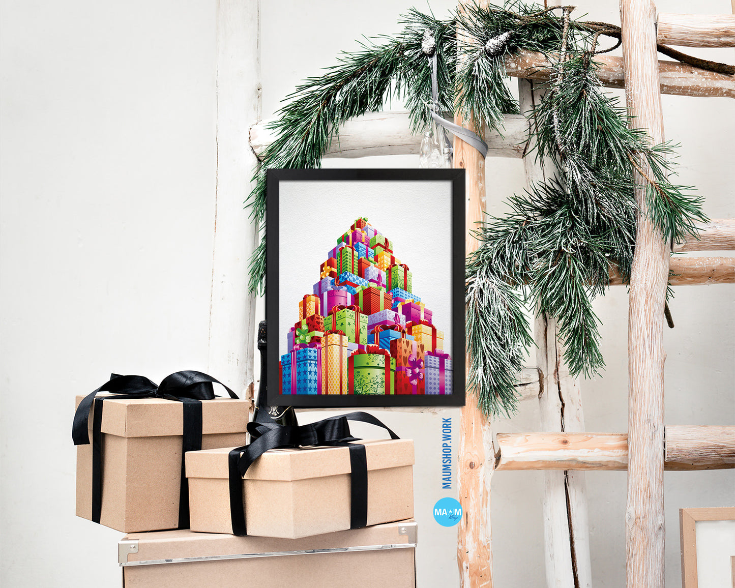 Christmas Gift Boxes Holiday Season Gifts Wood Framed Print Home Decor Wall Art