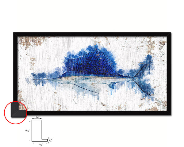 Sailfish Fish Art Wood Frame Shabby Chic Restaurant Sushi Wall Decor Gifts, 10" x 20"