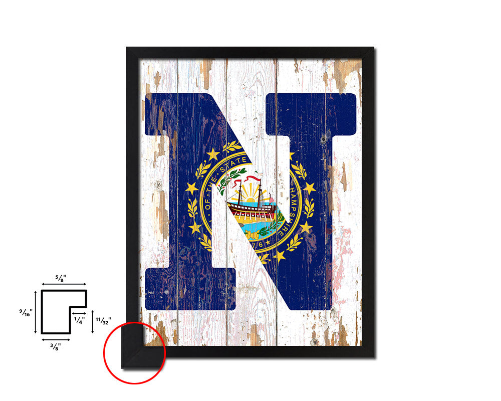 New Hampshire State Initial Flag Wood Framed Paper Print Decor Wall Art Gifts, Beach