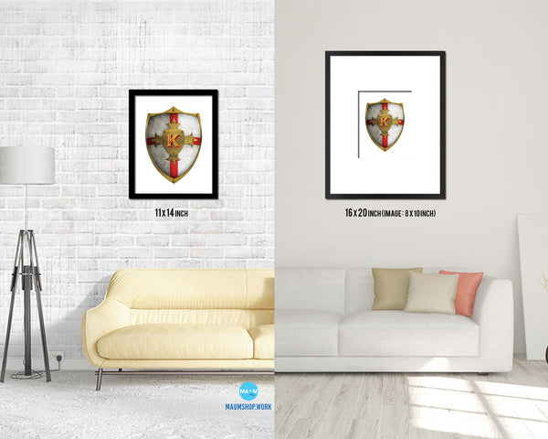 Letter K Medieval Castle Knight Shield Monogram Framed Print Wall Art Decor Gifts