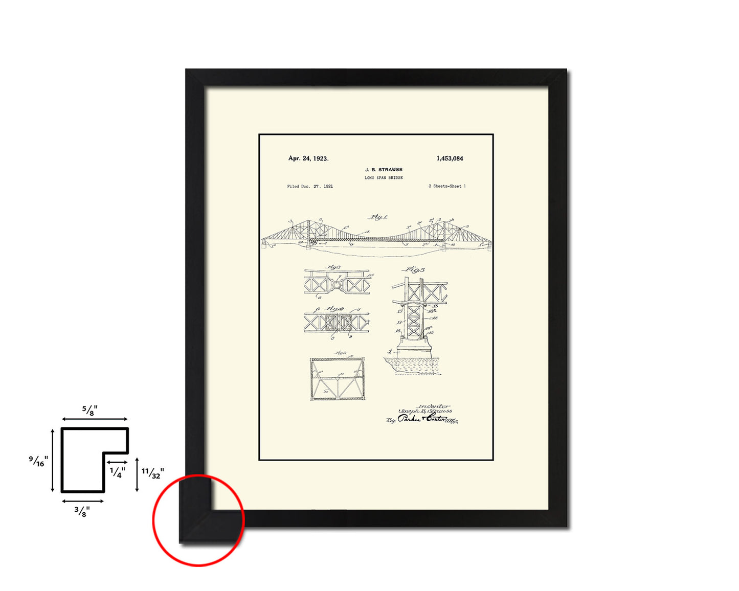 Long Span Bridge Vintage Patent Artwork Black Frame Print Wall Art Decor Gifts