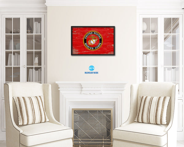 US Marine Corps Emblem Shabby Chic Military Flag Framed Print Decor Wall Art Gifts