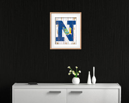New York State Initial Flag Wood Framed Paper Print Decor Wall Art Gifts, Beach