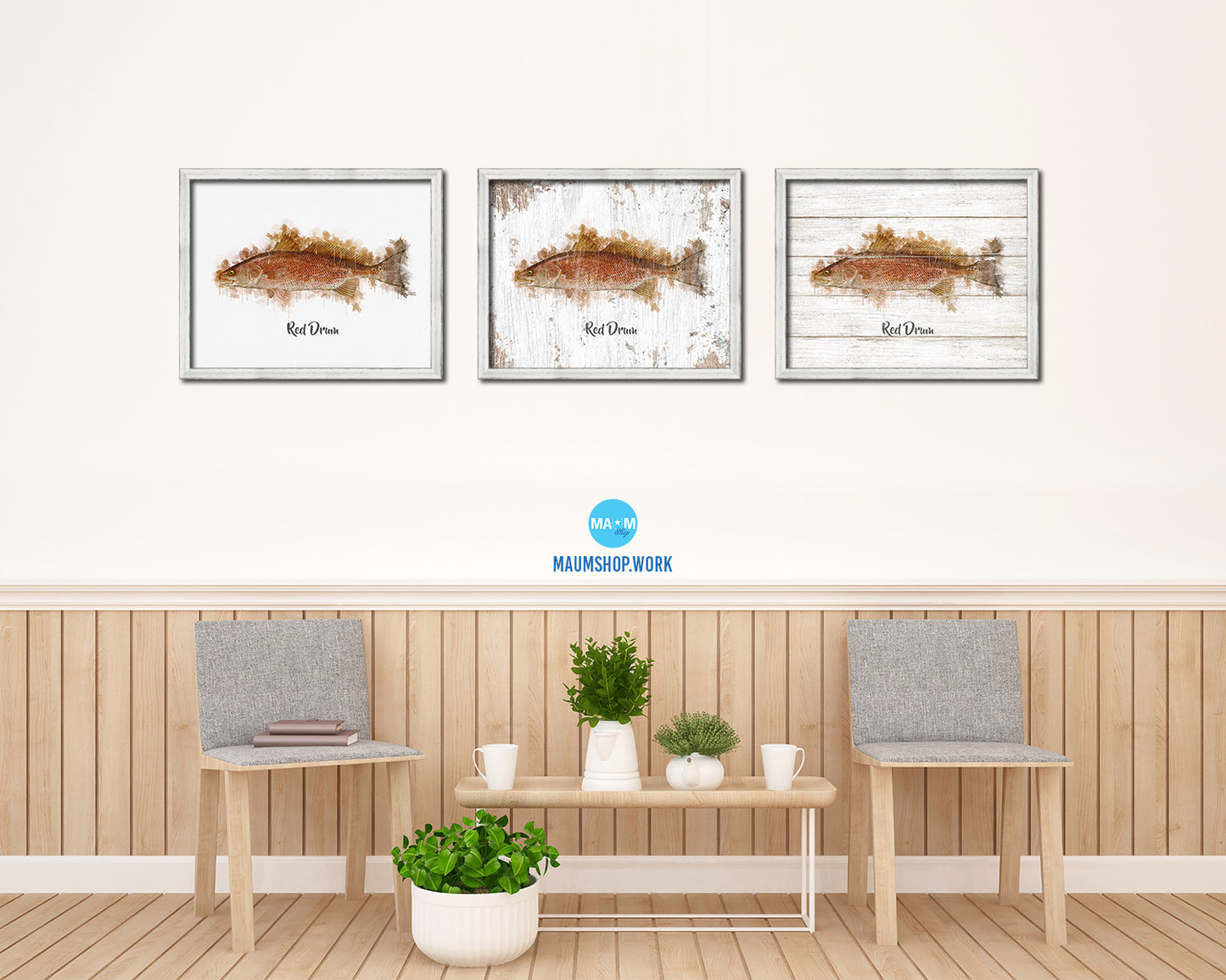 Red Drum Fish Framed Prints Modern Restaurant Sushi Bar Watercolor Wall Art Decor