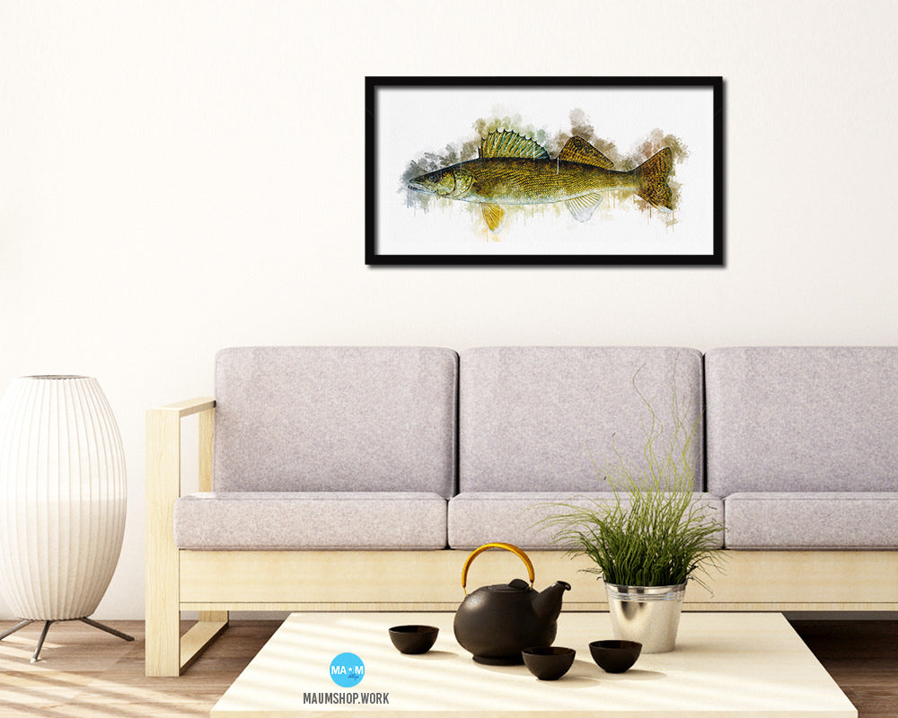Walleye Fish Art Wood Frame Modern Restaurant Sushi Wall Decor Gifts, 10" x 20"