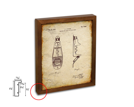 Cork Puller and Bottle Opener Wine Vintage Patent Artwork Walnut Frame Gifts