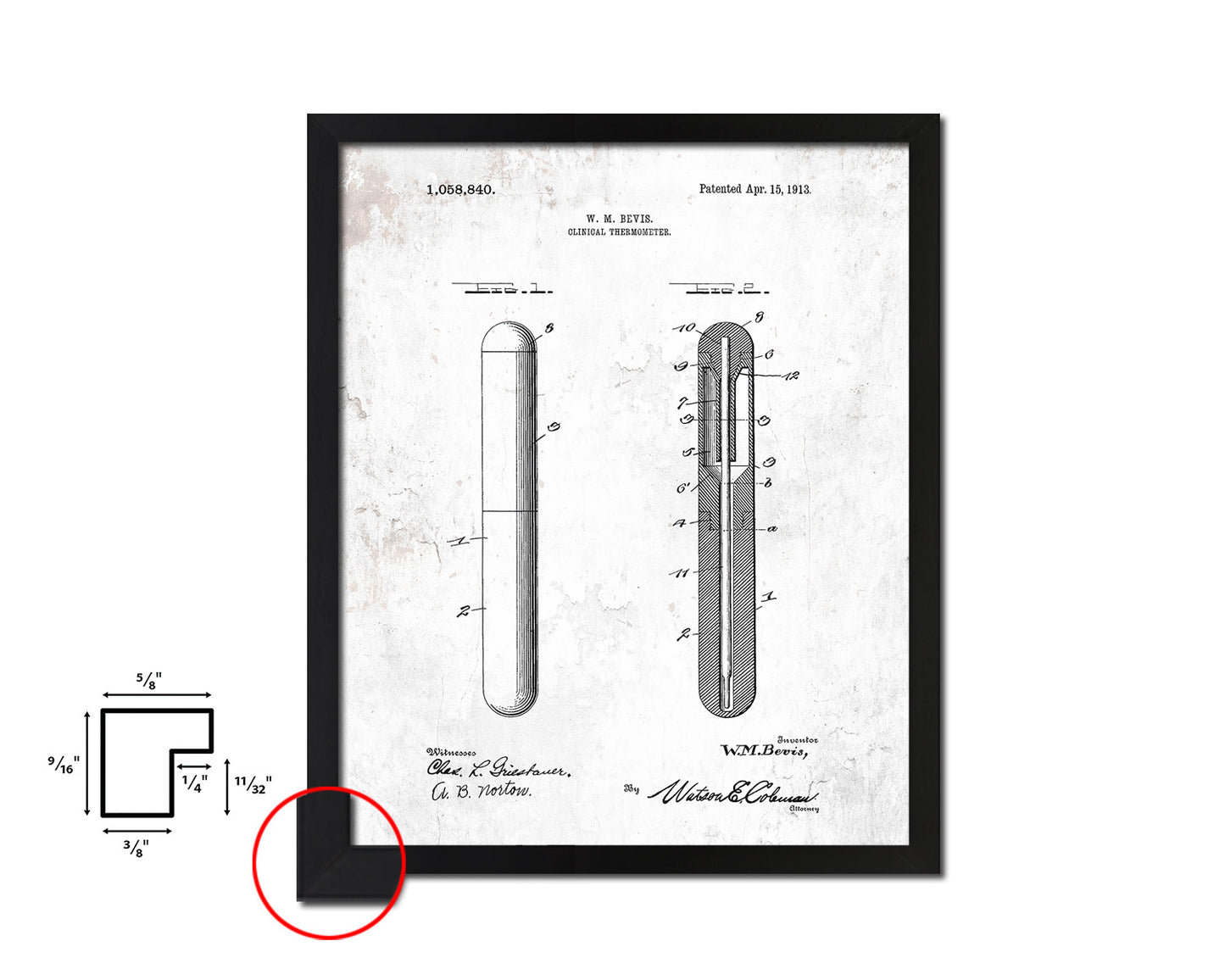 Tools Bevis Clinical Thermometer Doctor Vintage Patent Artwork Black Frame Print Gifts