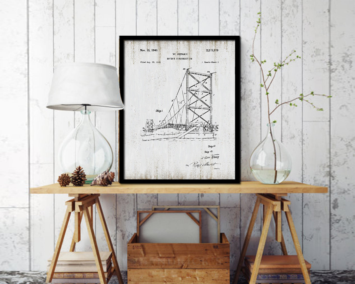 Construction Bridge Vintage Patent Artwork Black Frame Print Wall Art Decor Gifts