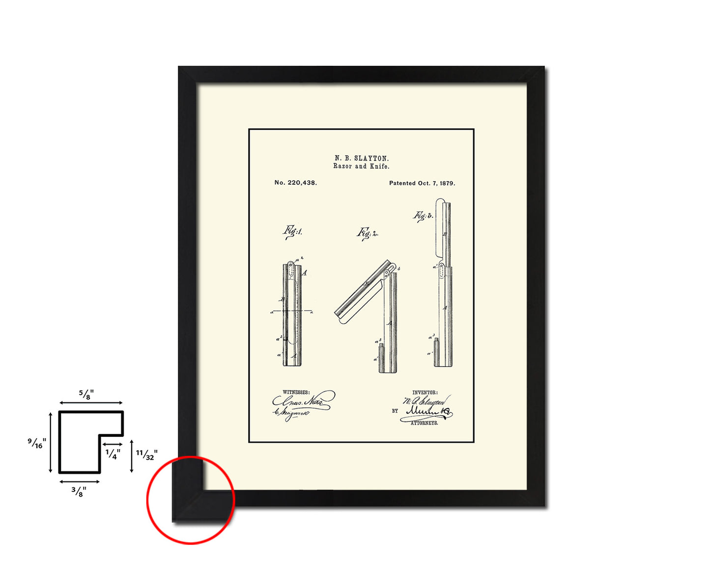 Barber's Razor and Knife Barbershop Vintage Patent Artwork Black Frame Print Gifts