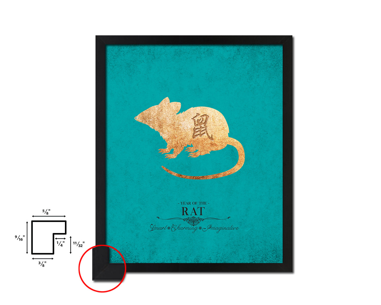 Rat Chinese Zodiac Character Black Framed Art Paper Print Wall Art Decor Gifts, Aqua