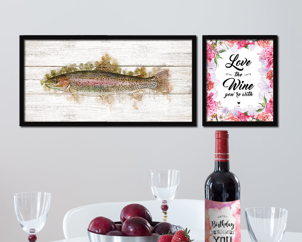 Rainbow Trout Fish Art Wood Framed White Wash Restaurant Sushi Wall Decor Gifts, 10" x 20"