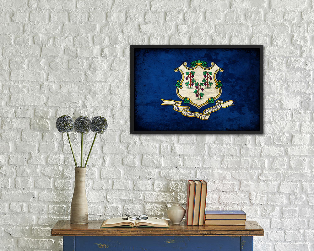 Connecticut State Vintage Flag Wood Framed Paper Print Wall Art Decor Gifts