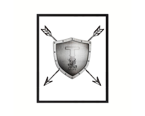 Letter T Medieval Castle Knight Shield Sword Monogram Framed Print Wall Art Decor Gifts