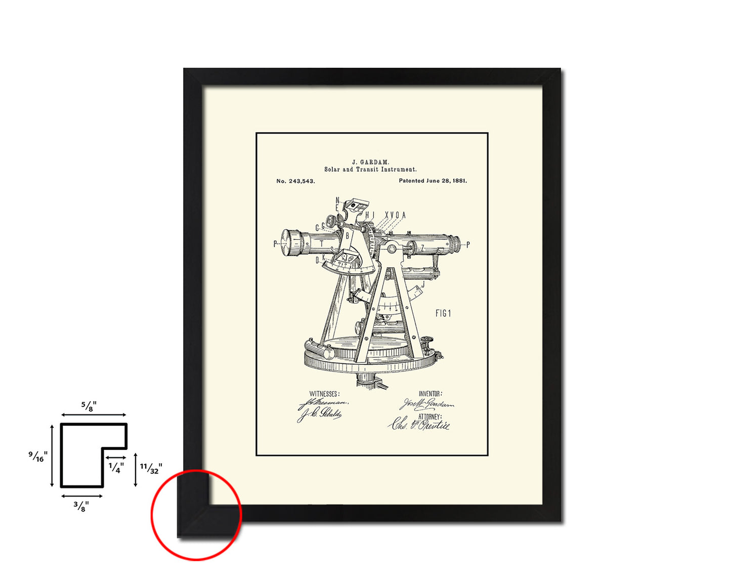 Solar Compass Nautical Vintage Patent Artwork Black Frame Print Gifts