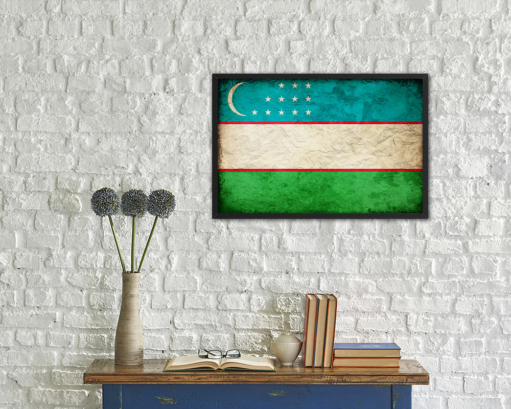 Uzbekistan Country Vintage Flag Wood Framed Print Wall Art Decor Gifts