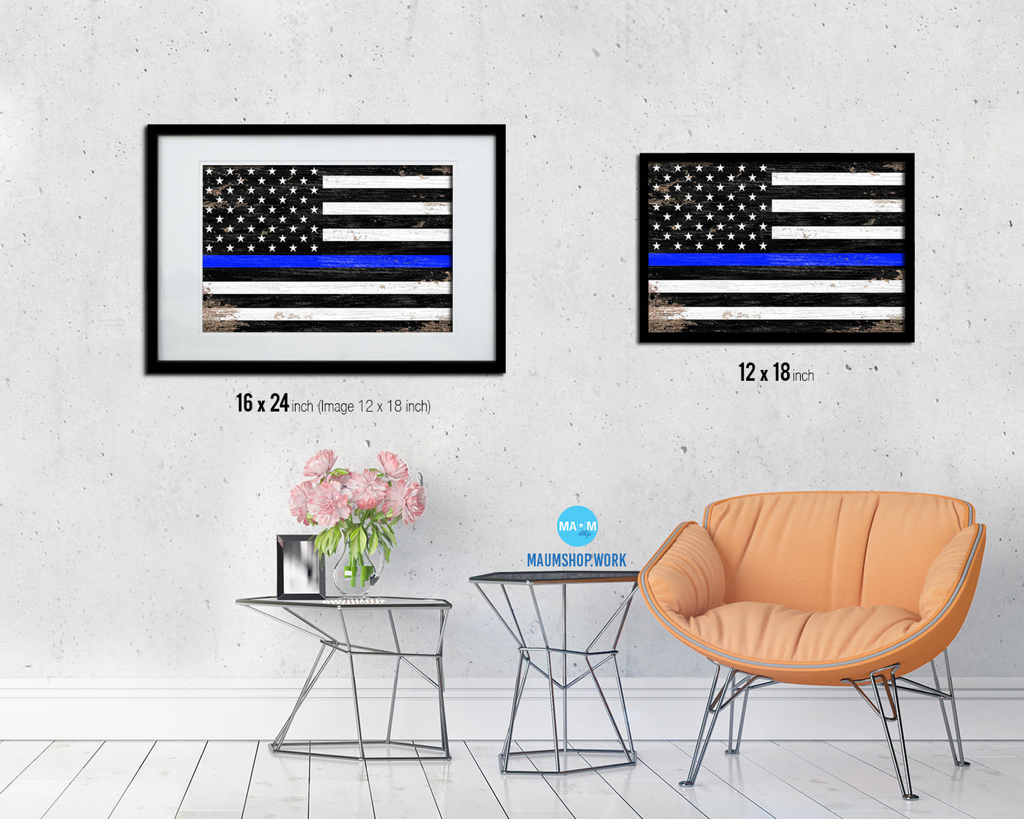 Thin Blue Line Honoring Law Enforcement American Shabby Chic Military Flag Framed Print Art
