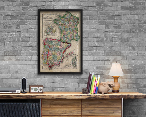 Spain Portugal and France Historical Map Wood Framed Print Art Wall Decor Gifts