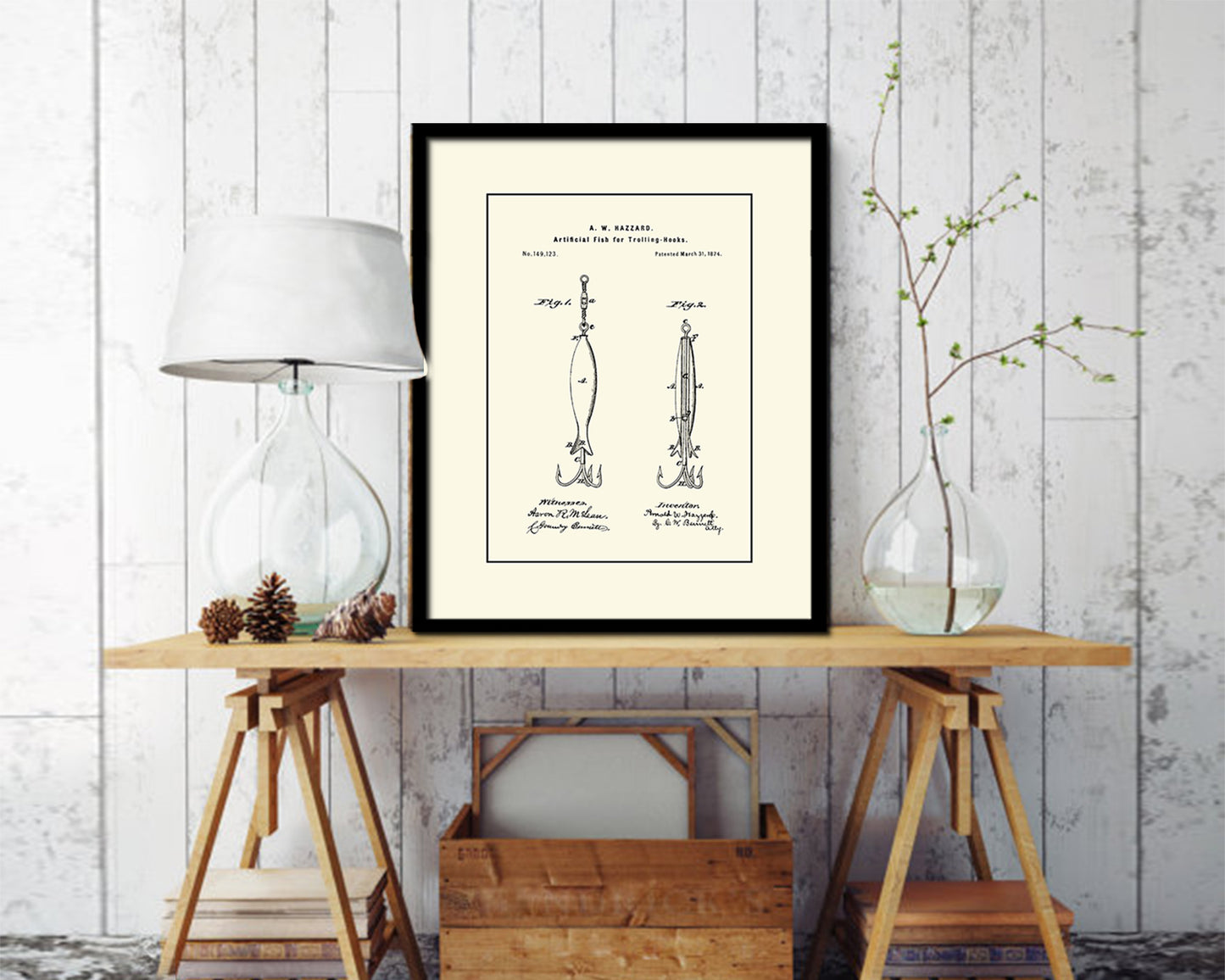 Artificial Fish Trolling Hooks Fishing Vintage Patent Artwork Black Frame Print Gifts