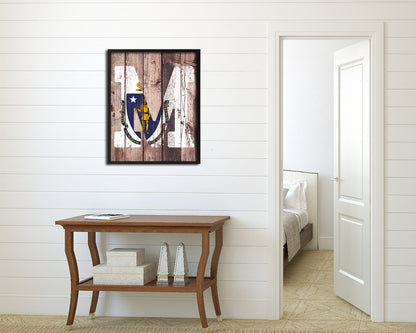 Massachusetts State Initial Flag Wood Framed Paper Print Decor Wall Art Gifts, Wood