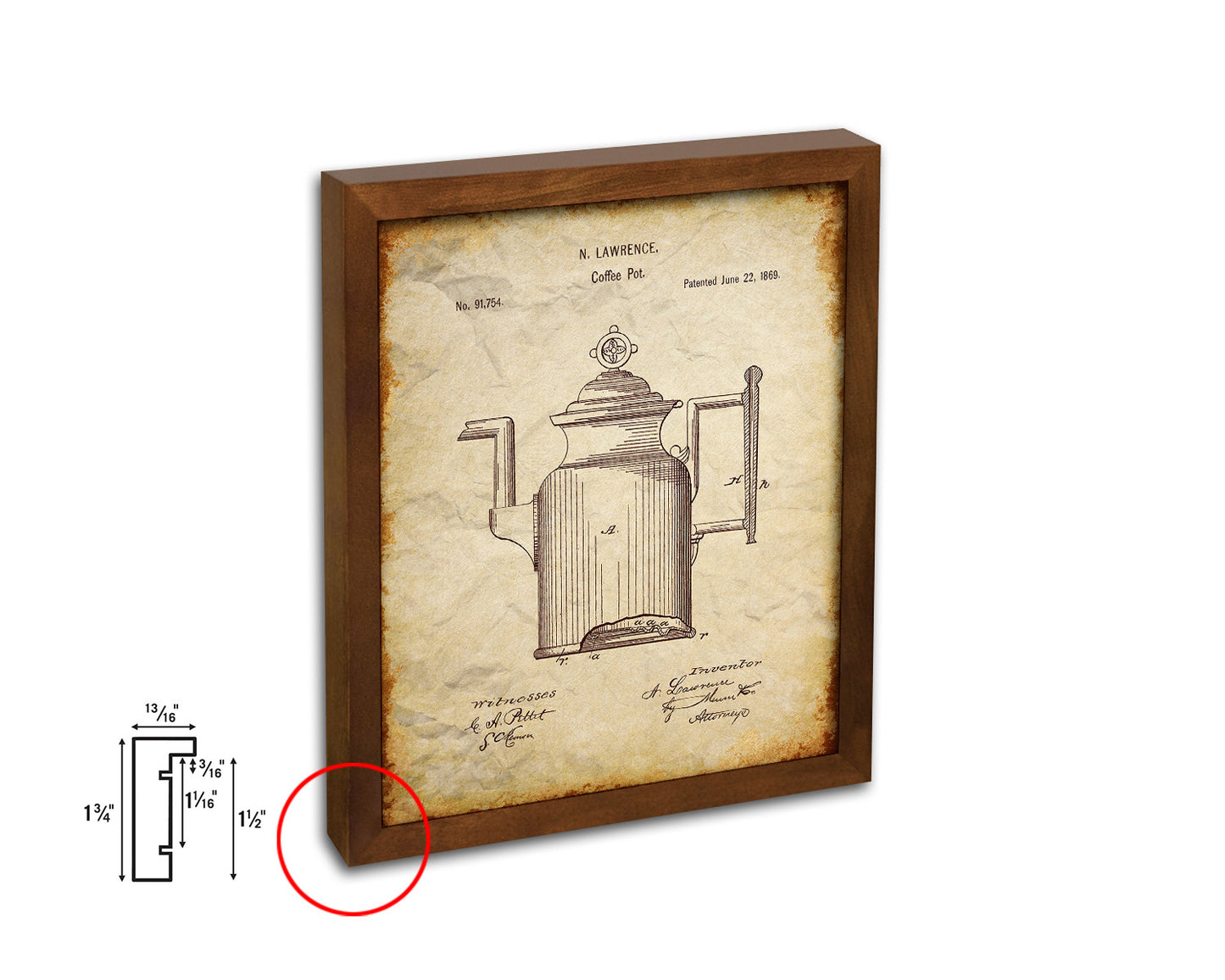 Pot Coffee Vintage Patent Artwork Walnut Frame Print Wall Art Decor Gifts