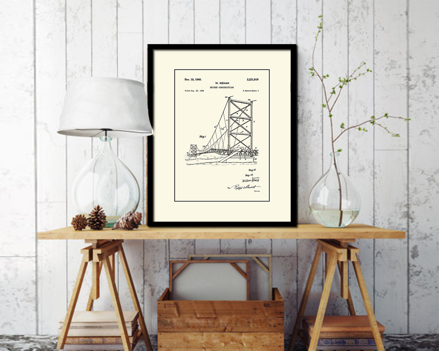 Construction Bridge Vintage Patent Artwork Black Frame Print Wall Art Decor Gifts