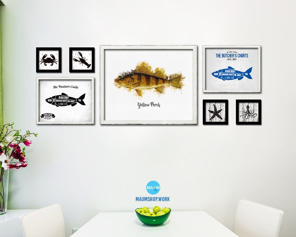 Yellow Perch Fish Framed Prints Modern Restaurant Sushi Bar Watercolor Wall Art Decor
