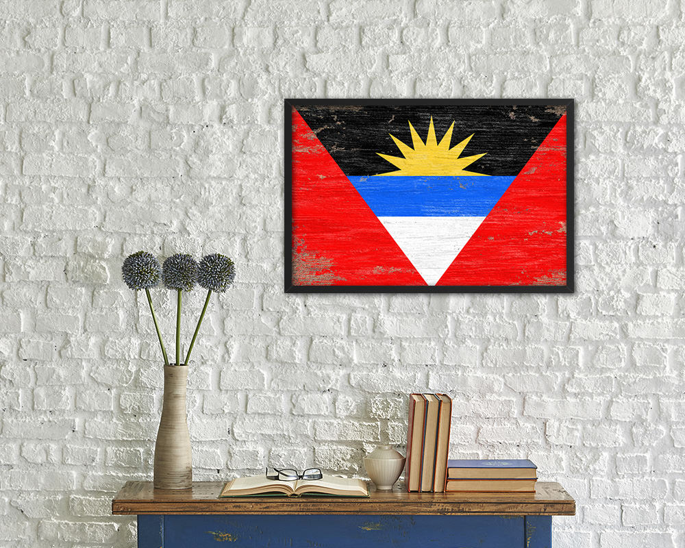 Antigua Barbuda Shabby Chic Country Flag Wood Framed Print Wall Art Decor Gifts