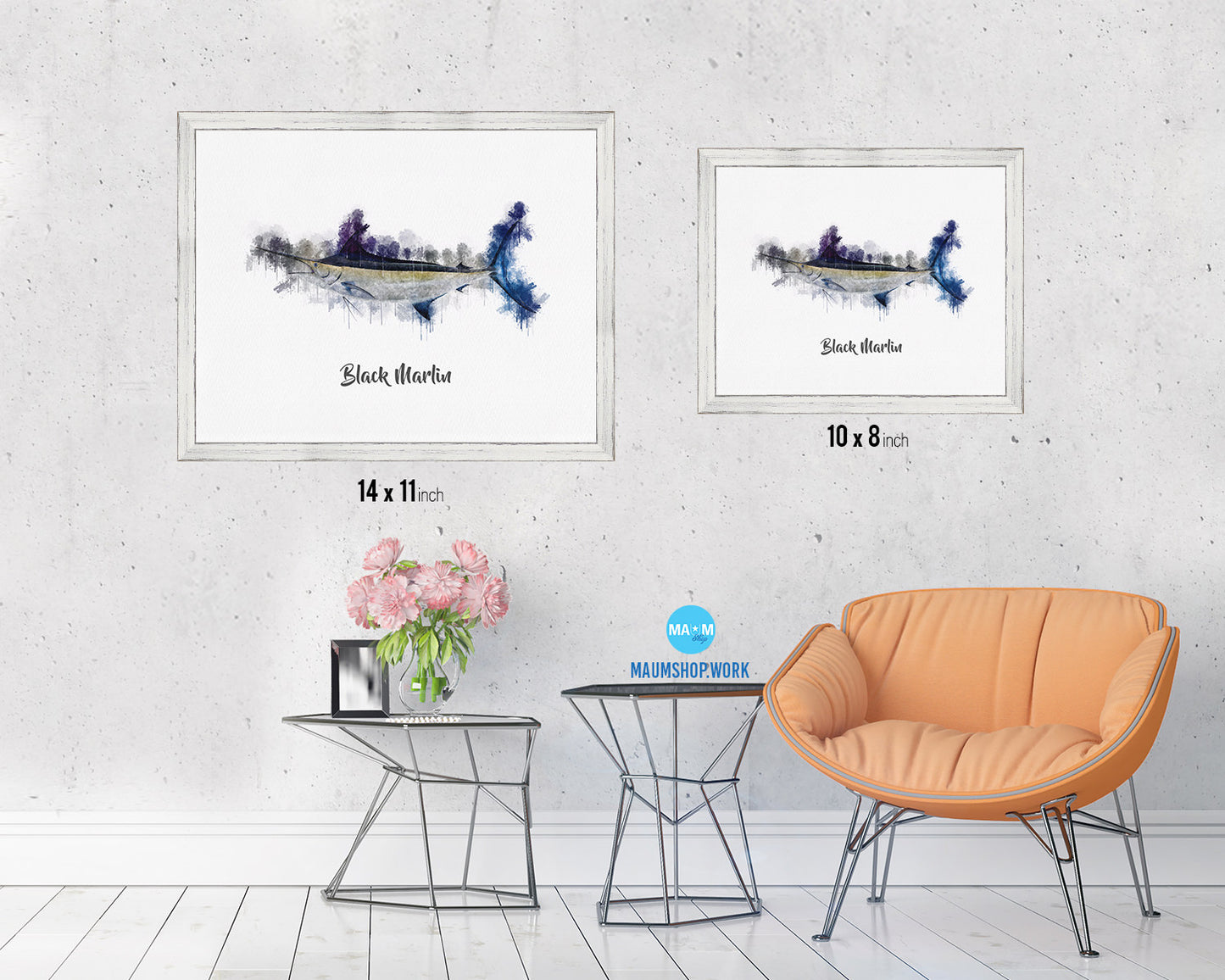 Black Marlin Fish Framed Prints Modern Restaurant Sushi Bar Watercolor Wall Art Decor