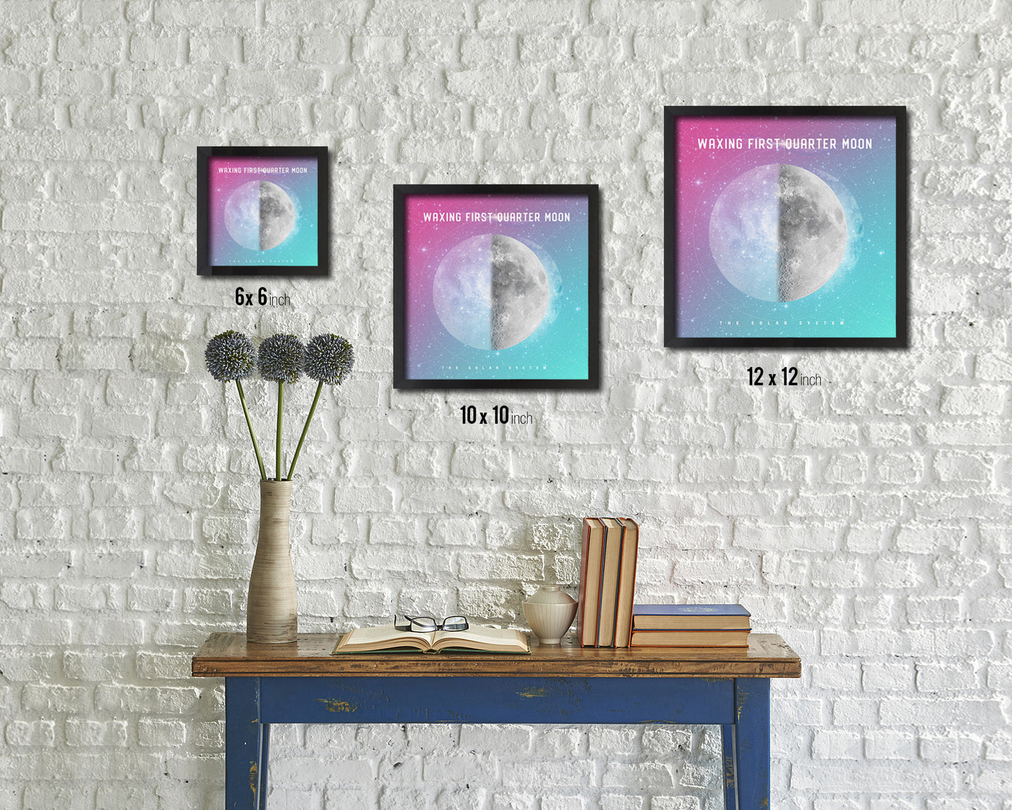 Waxing First Quarter Lunar Phases Colorful Moon Watercolor Framed Prints Home Decor Wall Art Gifts