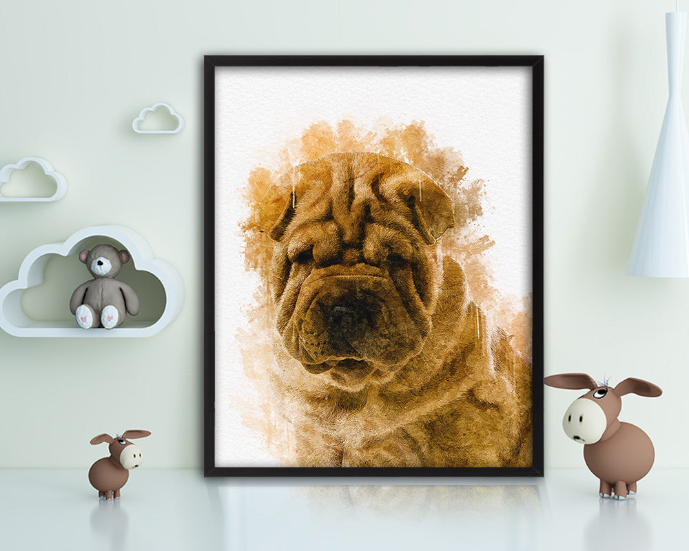 Sharpei Dog Puppy Portrait Framed Print Pet Watercolor Wall Decor Art Gifts